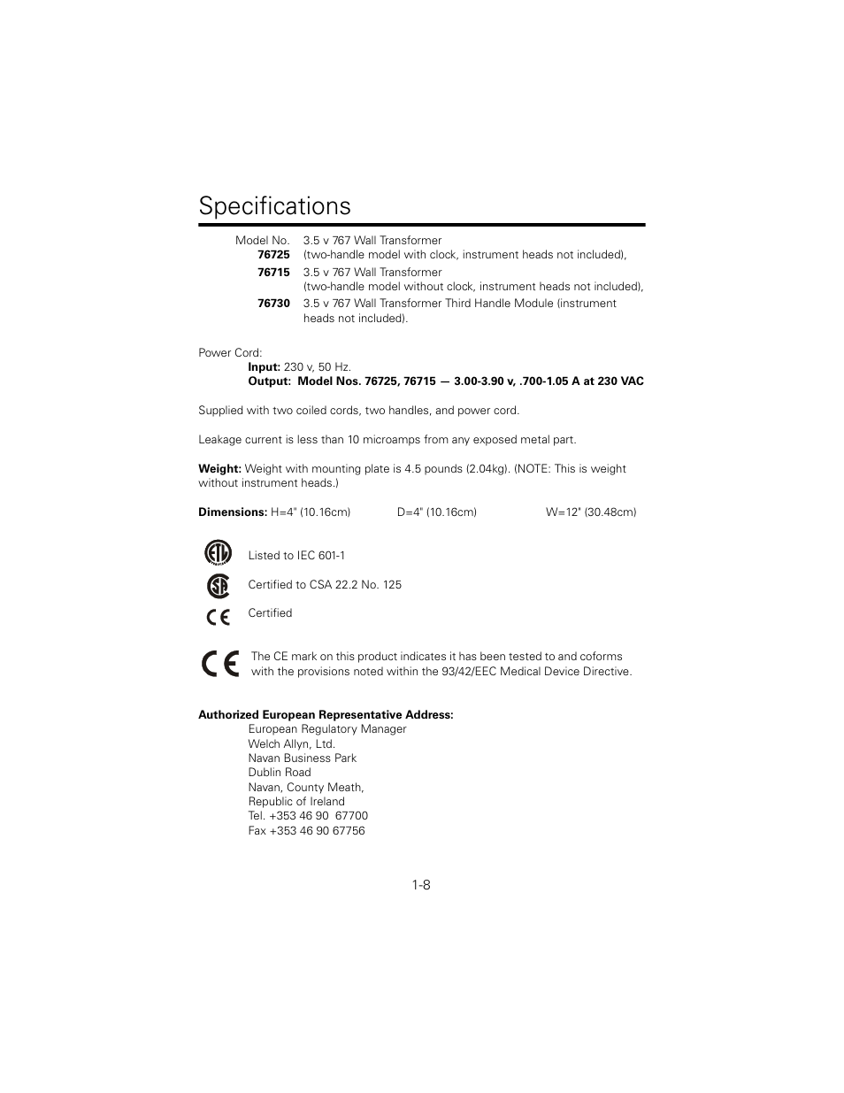 Specifications | Welch Allyn 767 Diagnostic System - User Manual User Manual | Page 12 / 136