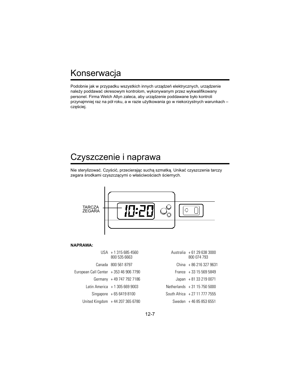 Konserwacja, Czyszczenie i naprawa | Welch Allyn 767 Diagnostic System - User Manual User Manual | Page 121 / 136