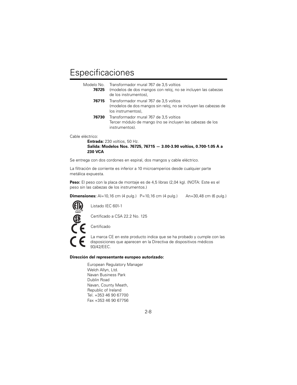 Especificaciones | Welch Allyn 767 Diagnostic System - User Manual User Manual | Page 22 / 136