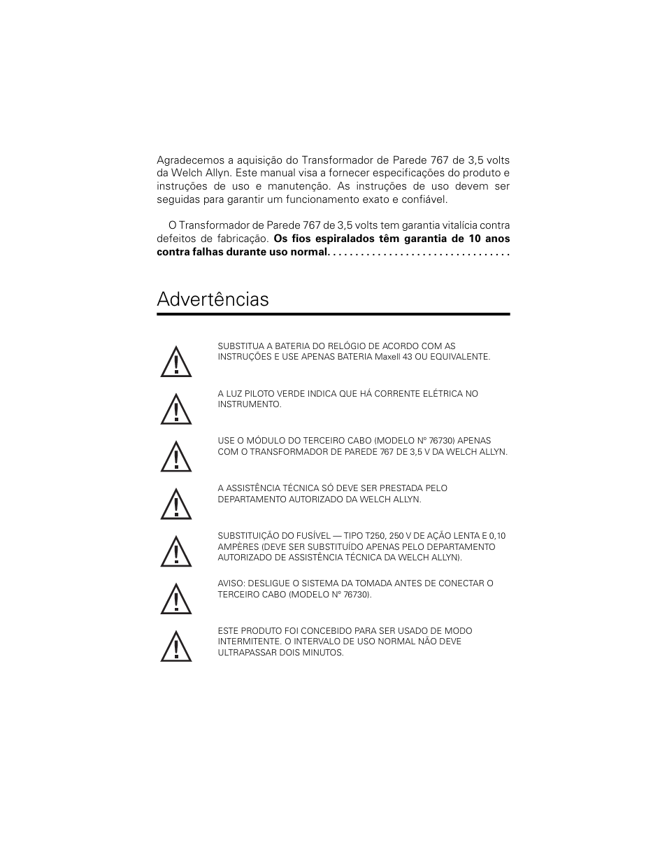 Advertências | Welch Allyn 767 Diagnostic System - User Manual User Manual | Page 34 / 136