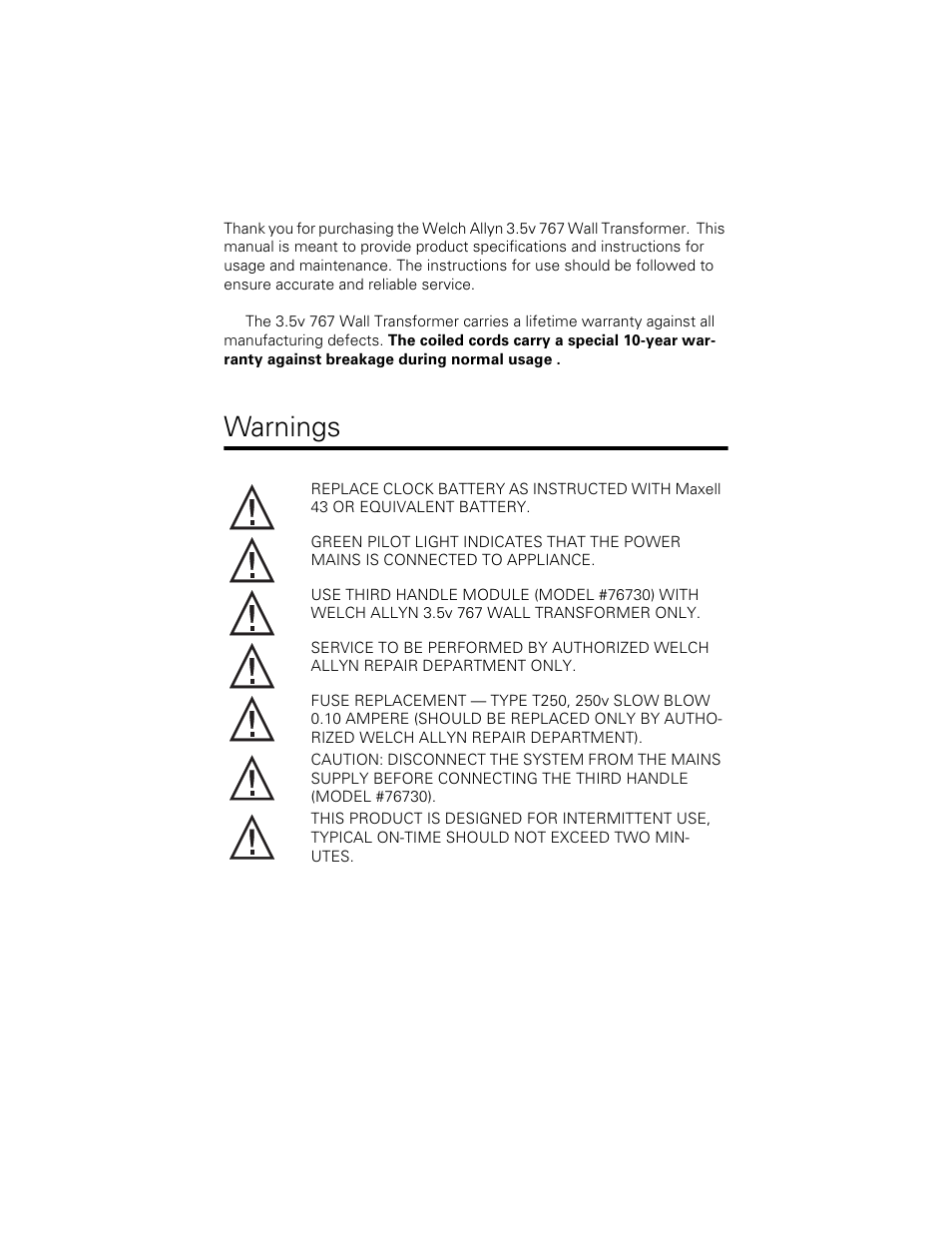 Warnings | Welch Allyn 767 Diagnostic System - User Manual User Manual | Page 4 / 136