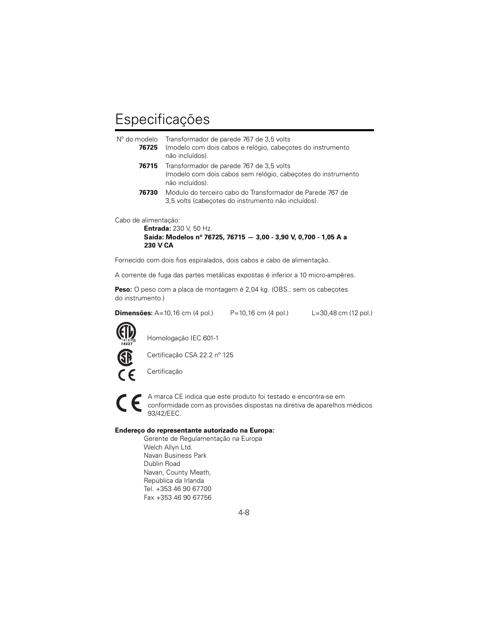 Especificações | Welch Allyn 767 Diagnostic System - User Manual User Manual | Page 42 / 136