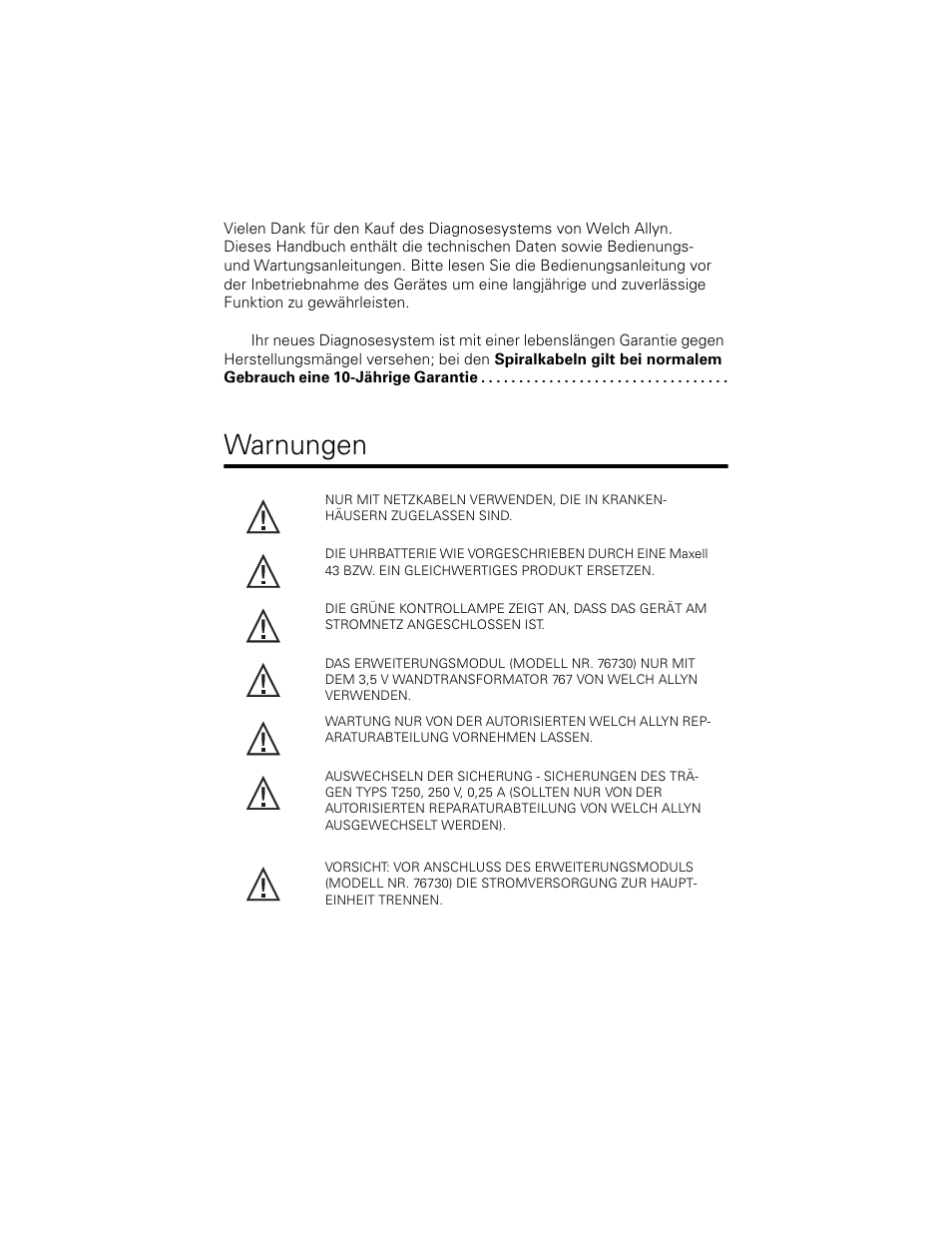 Warnungen | Welch Allyn 767 Diagnostic System - User Manual User Manual | Page 44 / 136