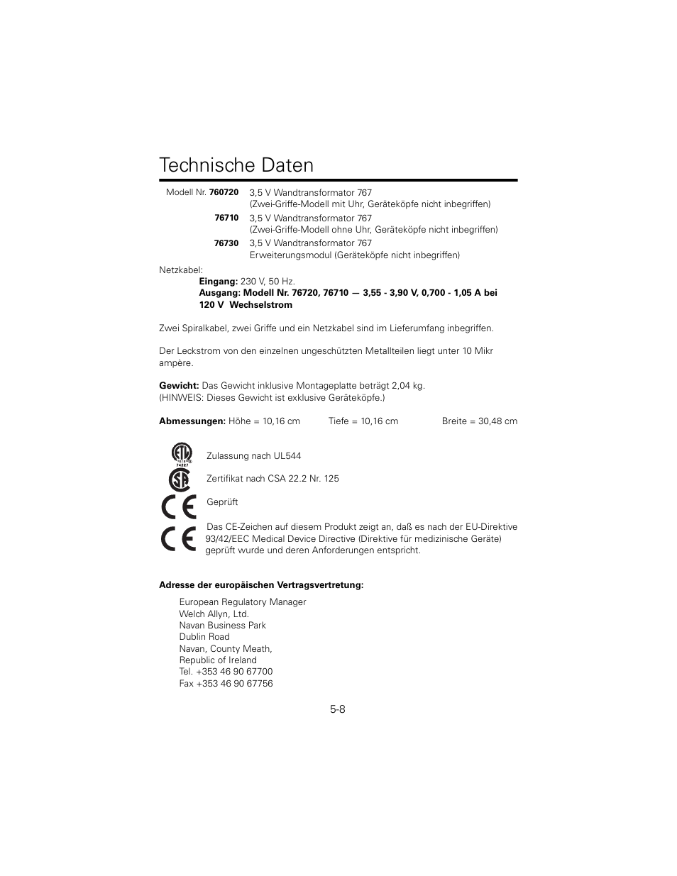 Technische daten | Welch Allyn 767 Diagnostic System - User Manual User Manual | Page 52 / 136