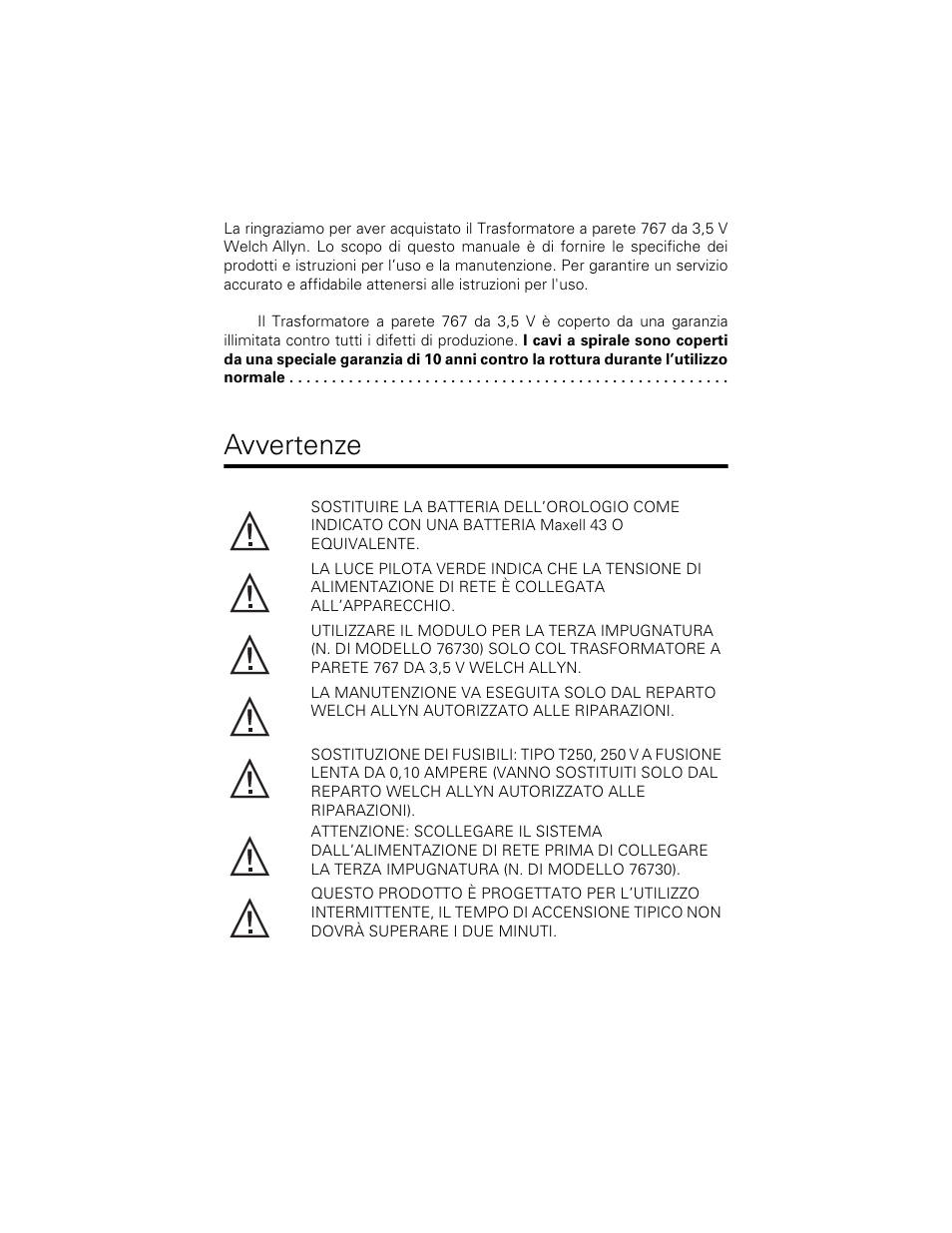 Avvertenze | Welch Allyn 767 Diagnostic System - User Manual User Manual | Page 54 / 136