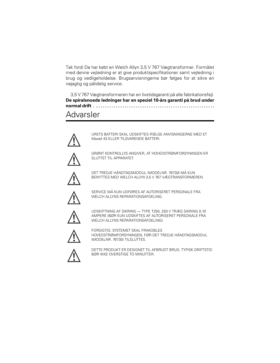 Advarsler | Welch Allyn 767 Diagnostic System - User Manual User Manual | Page 64 / 136