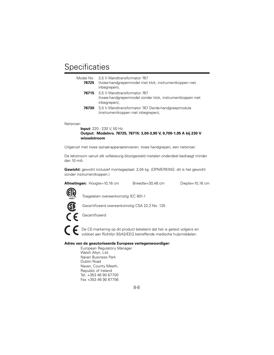 Specificaties | Welch Allyn 767 Diagnostic System - User Manual User Manual | Page 82 / 136