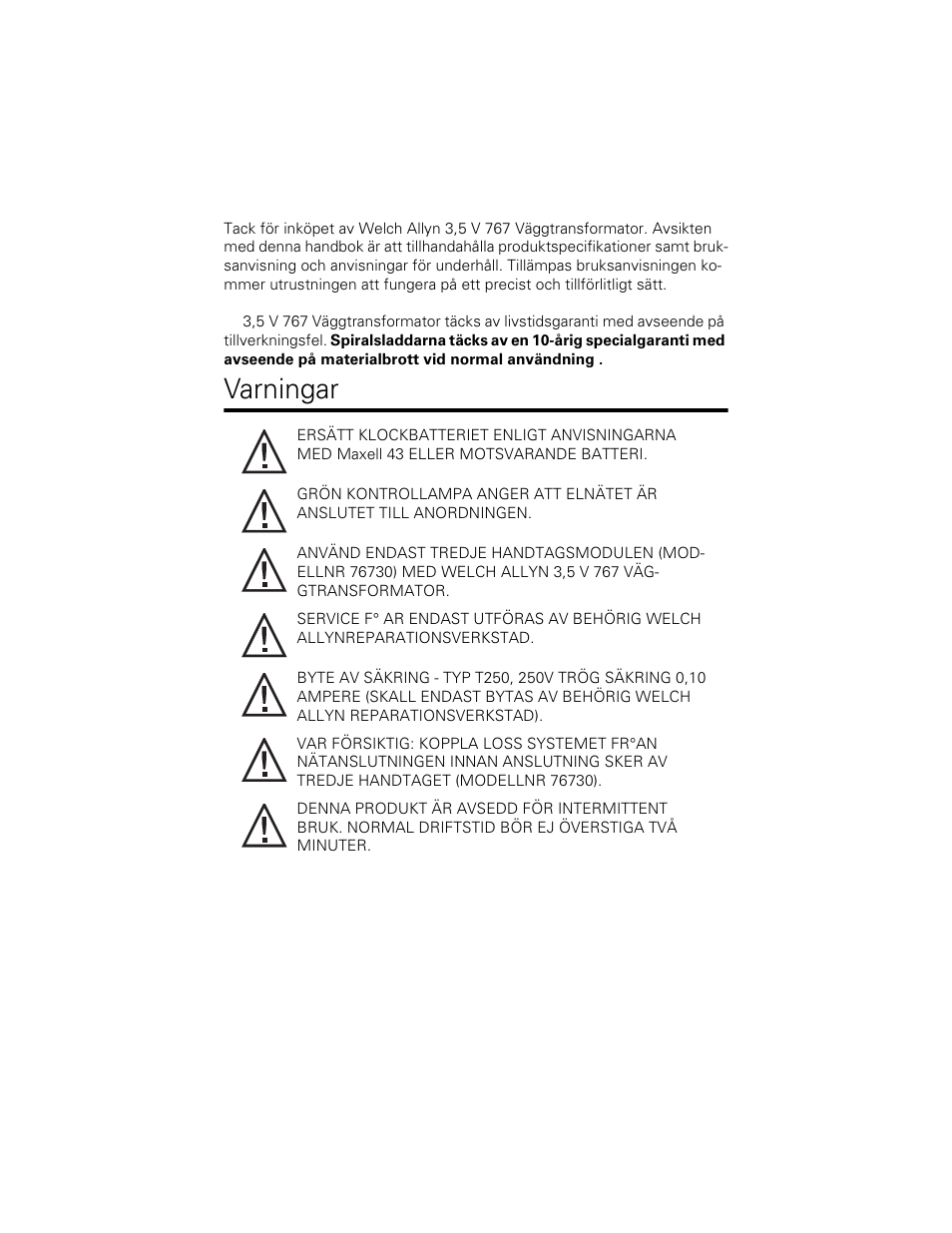 Varningar | Welch Allyn 767 Diagnostic System - User Manual User Manual | Page 84 / 136