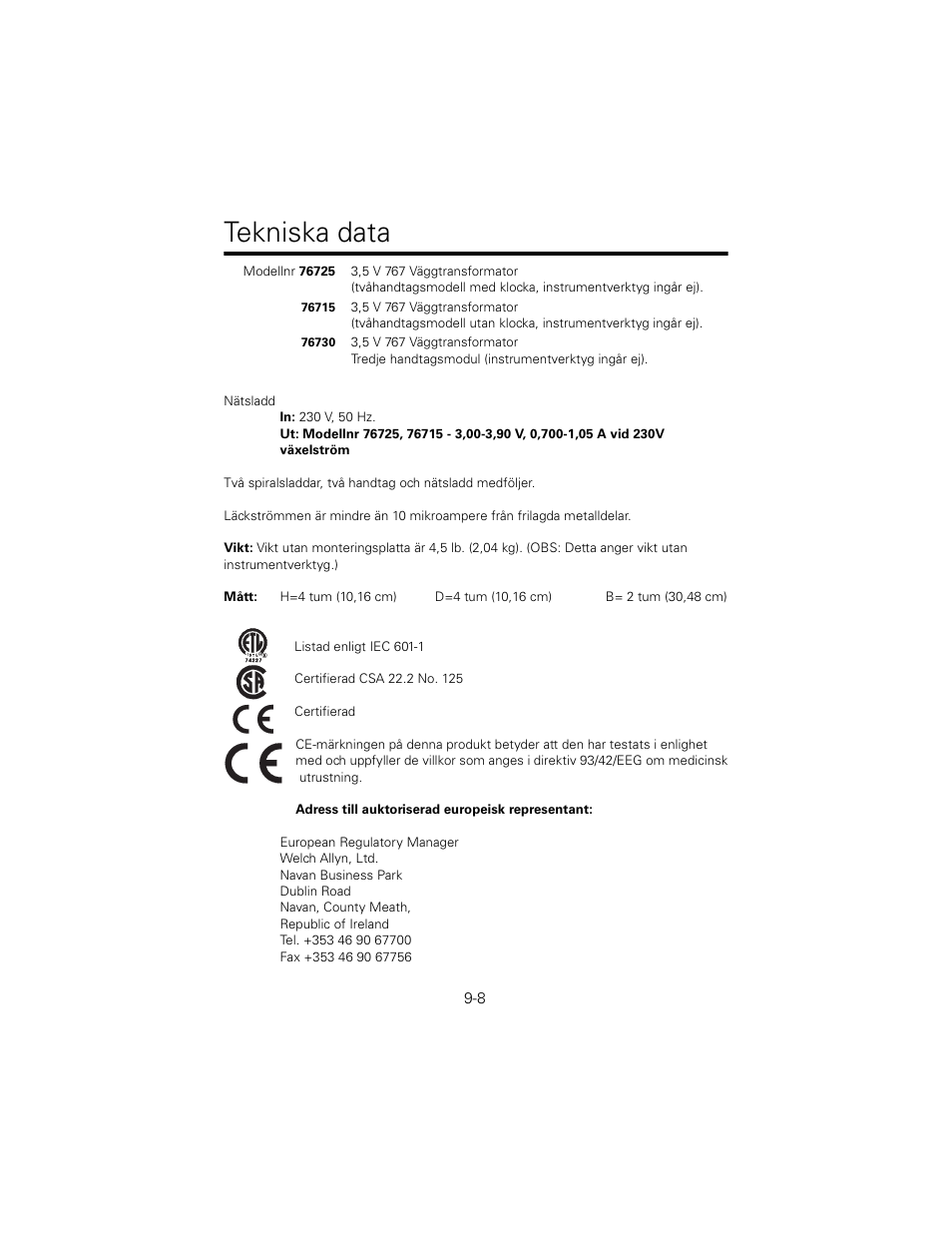 Tekniska data | Welch Allyn 767 Diagnostic System - User Manual User Manual | Page 92 / 136