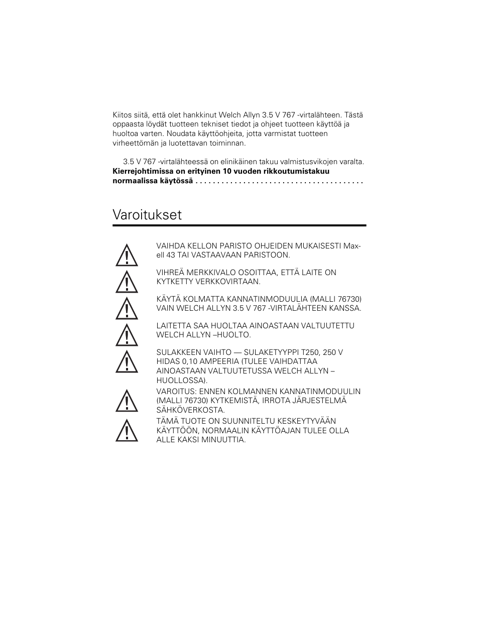 Varoitukset | Welch Allyn 767 Diagnostic System - User Manual User Manual | Page 94 / 136