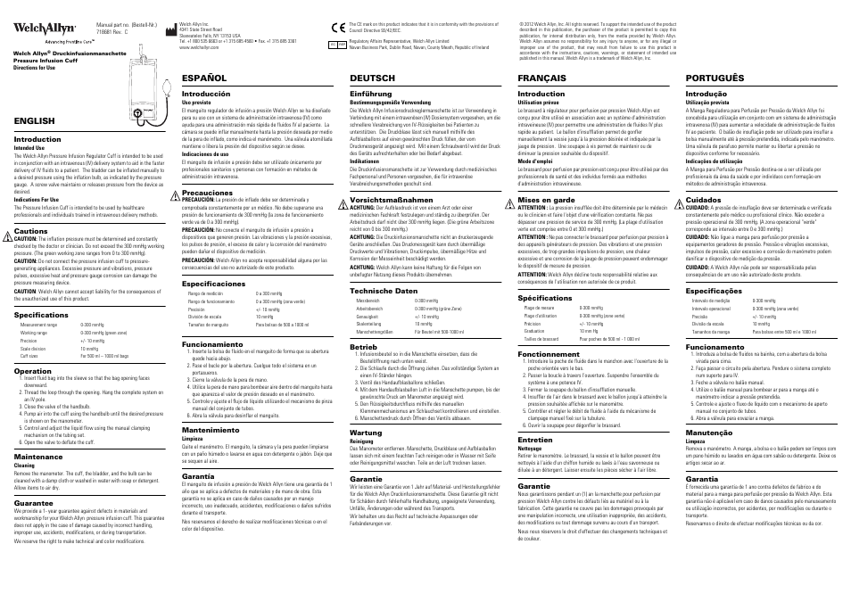 Welch Allyn Flexiport Disposable Blood Pressure Cuffs, Pressure Infusion Cuff - User Manual User Manual | 2 pages