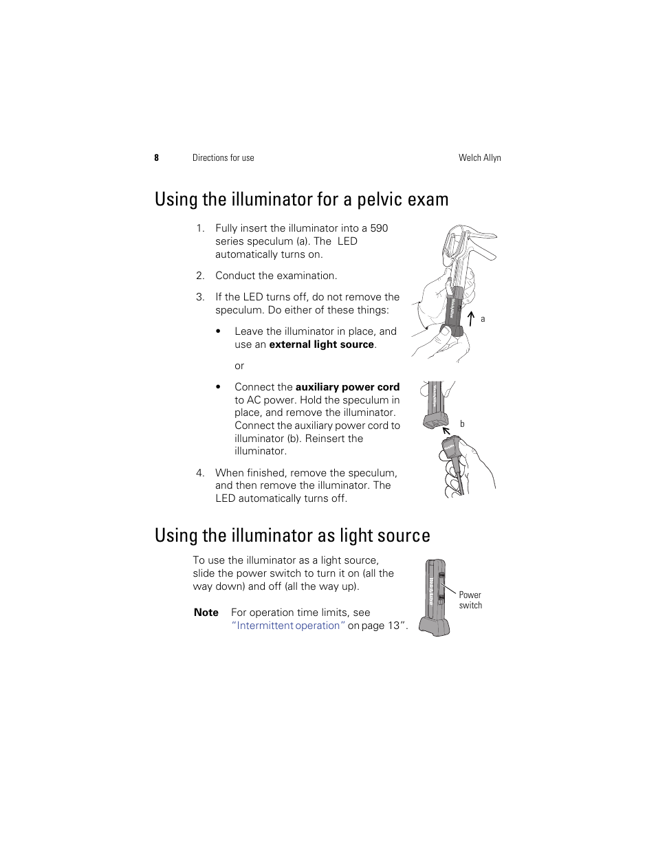 Using the illuminator for a pelvic exam, Using the illuminator as light source | Welch Allyn KleenSpec 790 Series Cordless Illumination System - User Manual User Manual | Page 10 / 222
