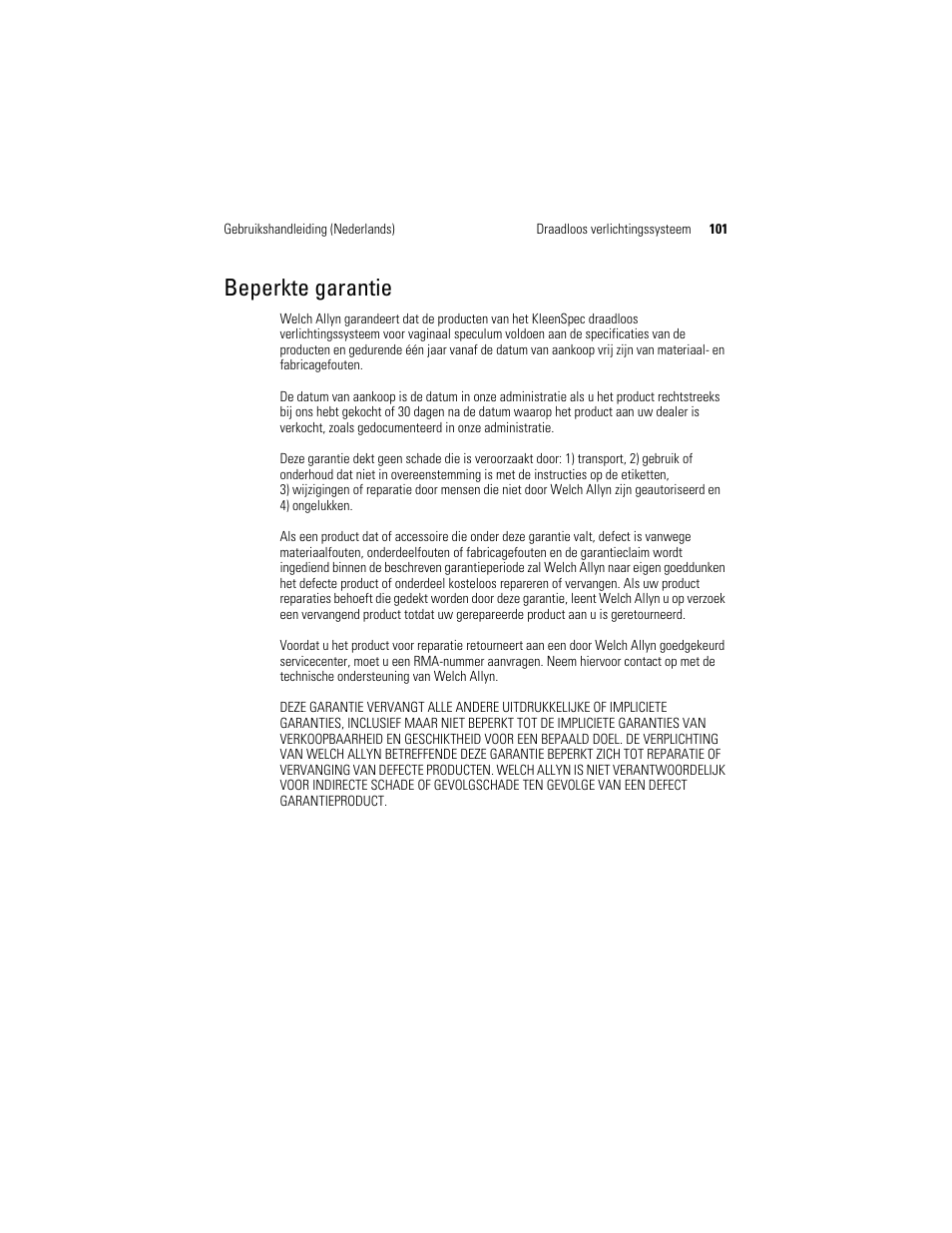 Beperkte garantie | Welch Allyn KleenSpec 790 Series Cordless Illumination System - User Manual User Manual | Page 103 / 222
