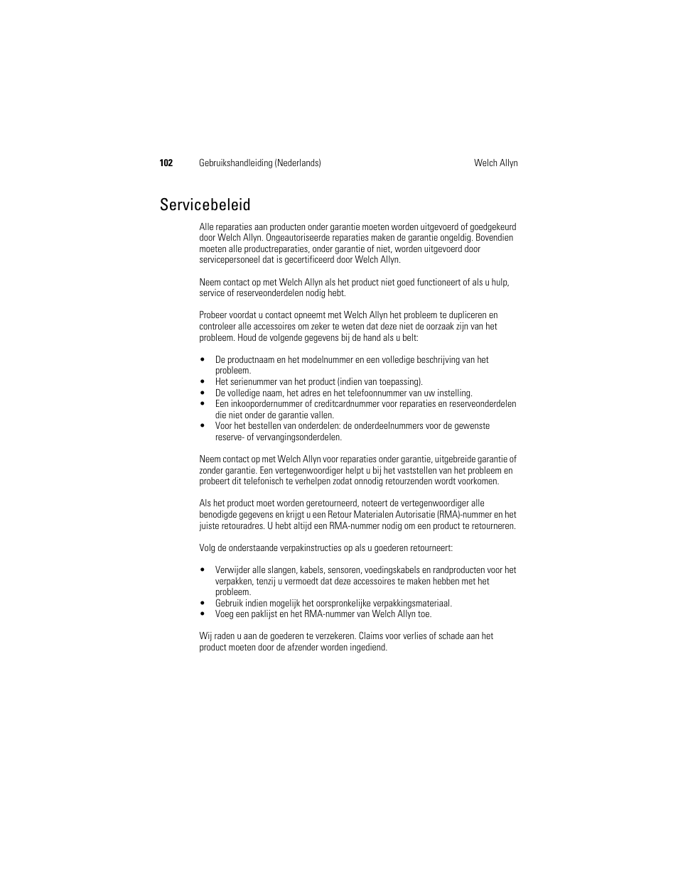 Servicebeleid | Welch Allyn KleenSpec 790 Series Cordless Illumination System - User Manual User Manual | Page 104 / 222