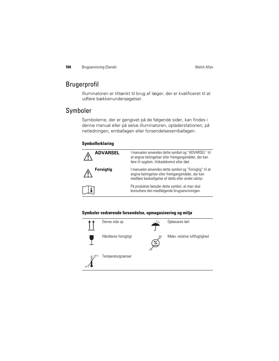 Brugerprofil, Symboler | Welch Allyn KleenSpec 790 Series Cordless Illumination System - User Manual User Manual | Page 106 / 222