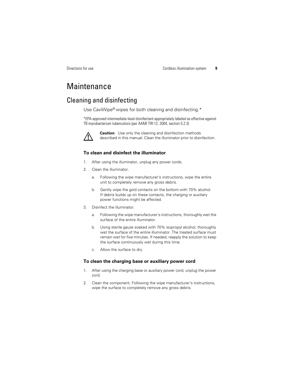 Cleaning and, Disinfecting, Maintenance | Cleaning and disinfecting | Welch Allyn KleenSpec 790 Series Cordless Illumination System - User Manual User Manual | Page 11 / 222