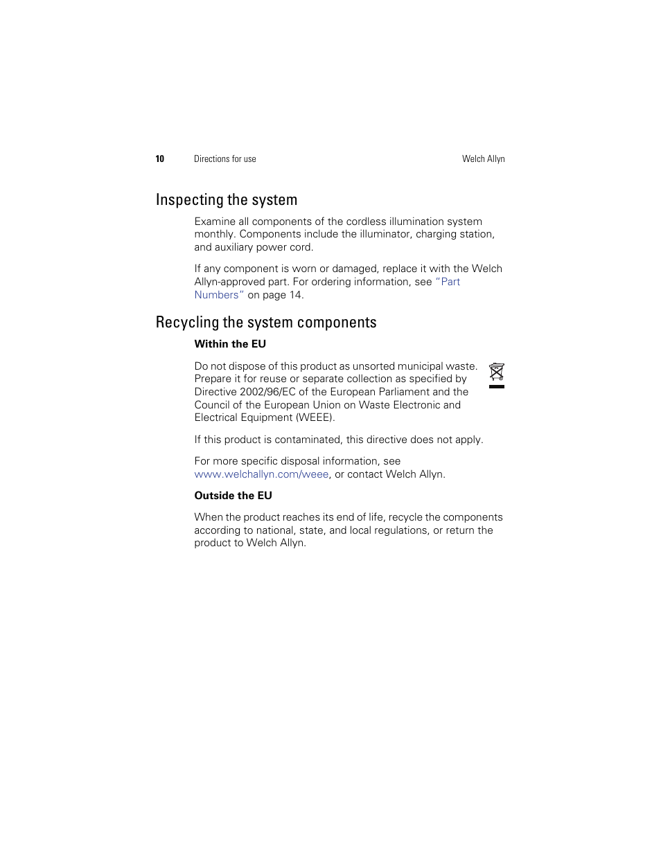 Inspecting the system, Recycling the system components | Welch Allyn KleenSpec 790 Series Cordless Illumination System - User Manual User Manual | Page 12 / 222
