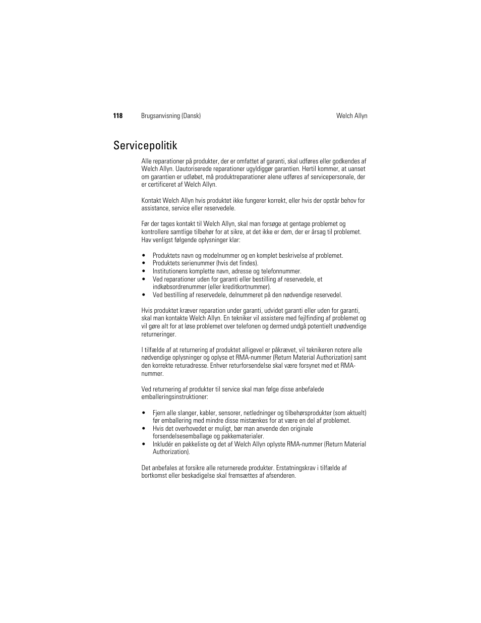 Servicepolitik | Welch Allyn KleenSpec 790 Series Cordless Illumination System - User Manual User Manual | Page 120 / 222