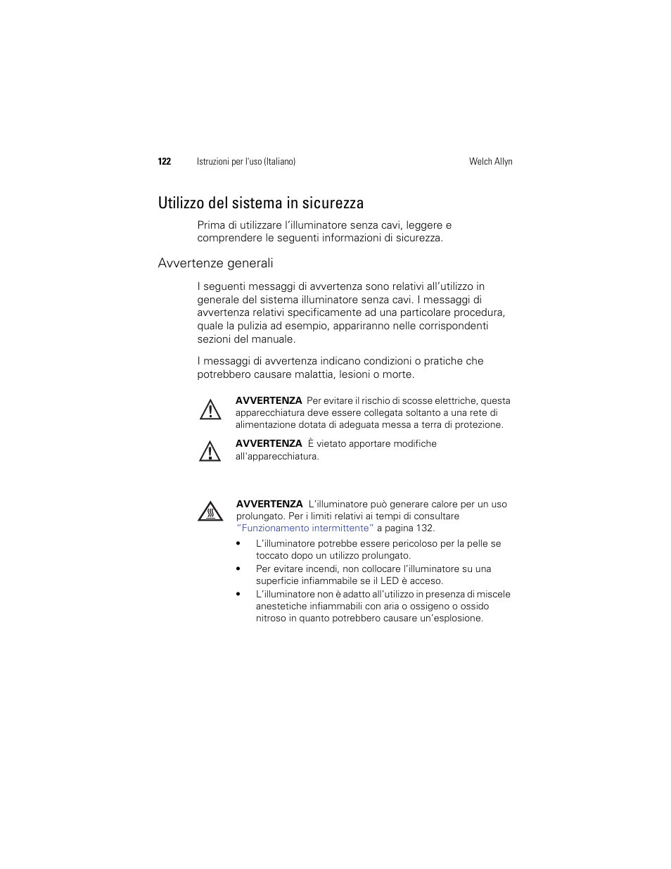 Utilizzo del sistema in sicurezza | Welch Allyn KleenSpec 790 Series Cordless Illumination System - User Manual User Manual | Page 124 / 222