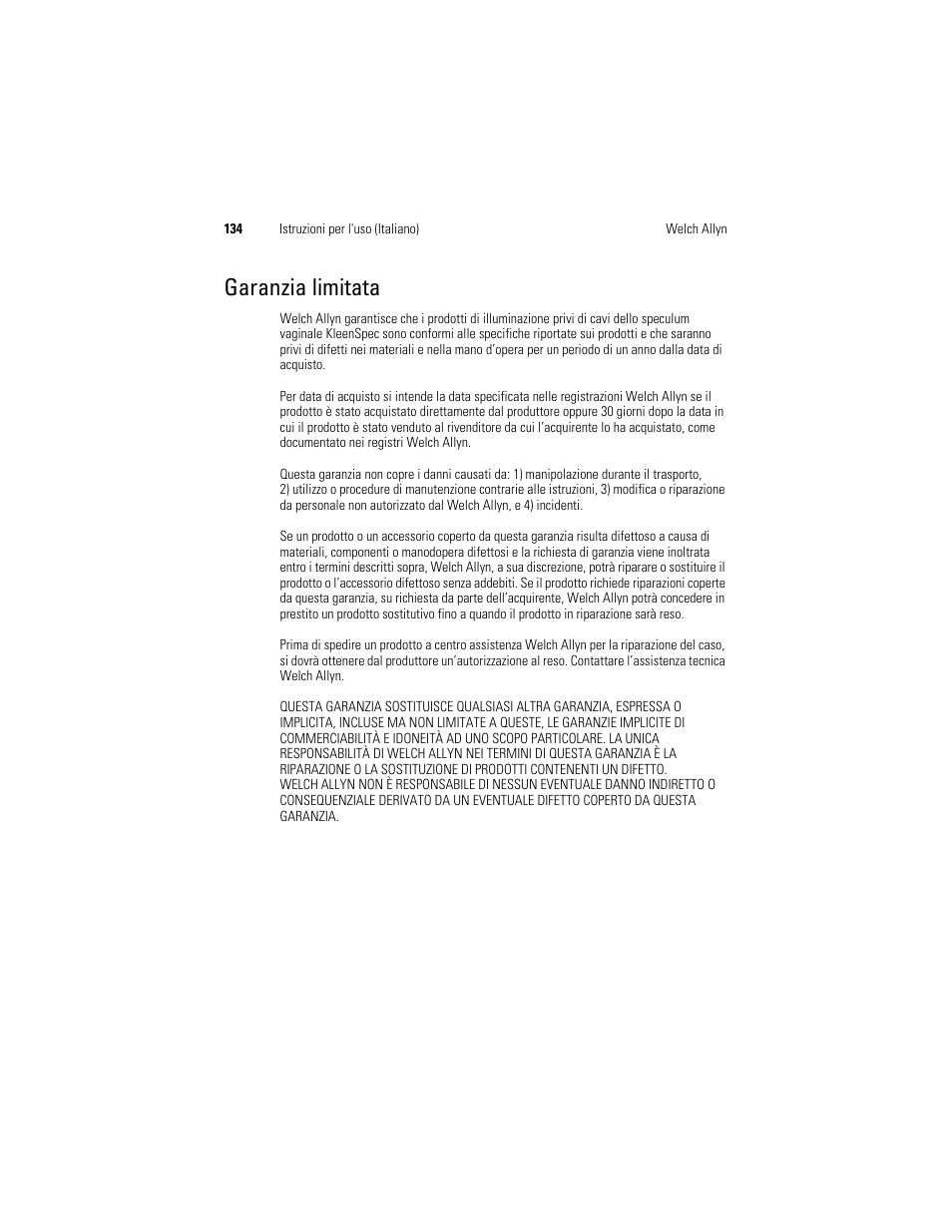 Garanzia limitata | Welch Allyn KleenSpec 790 Series Cordless Illumination System - User Manual User Manual | Page 136 / 222