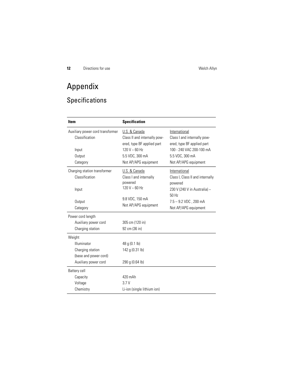 Appendix, Specifications | Welch Allyn KleenSpec 790 Series Cordless Illumination System - User Manual User Manual | Page 14 / 222
