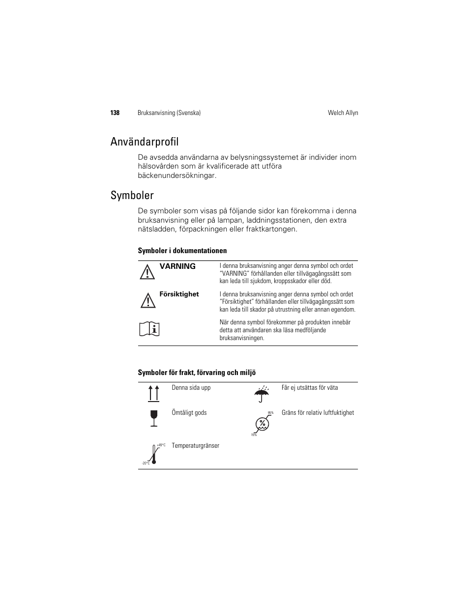 Användarprofil, Symboler | Welch Allyn KleenSpec 790 Series Cordless Illumination System - User Manual User Manual | Page 140 / 222