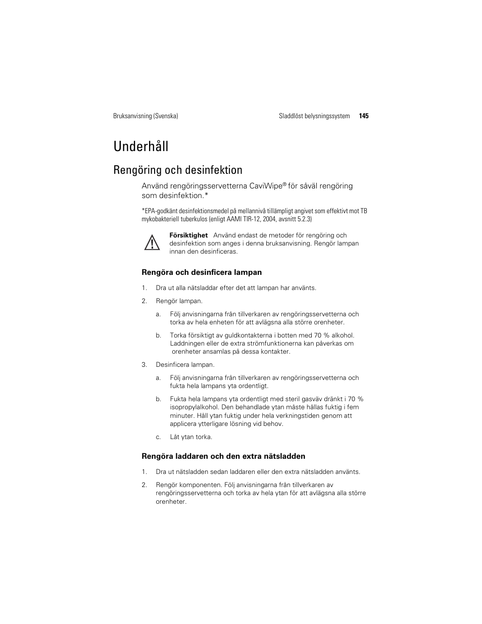 Rengöring och desinfektion, På sidan 145, Underhåll | Welch Allyn KleenSpec 790 Series Cordless Illumination System - User Manual User Manual | Page 147 / 222