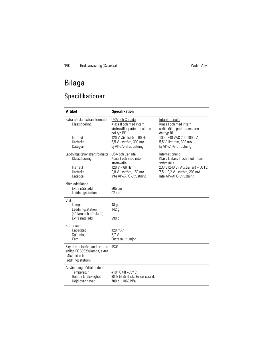 Bilaga, Specifikationer | Welch Allyn KleenSpec 790 Series Cordless Illumination System - User Manual User Manual | Page 150 / 222
