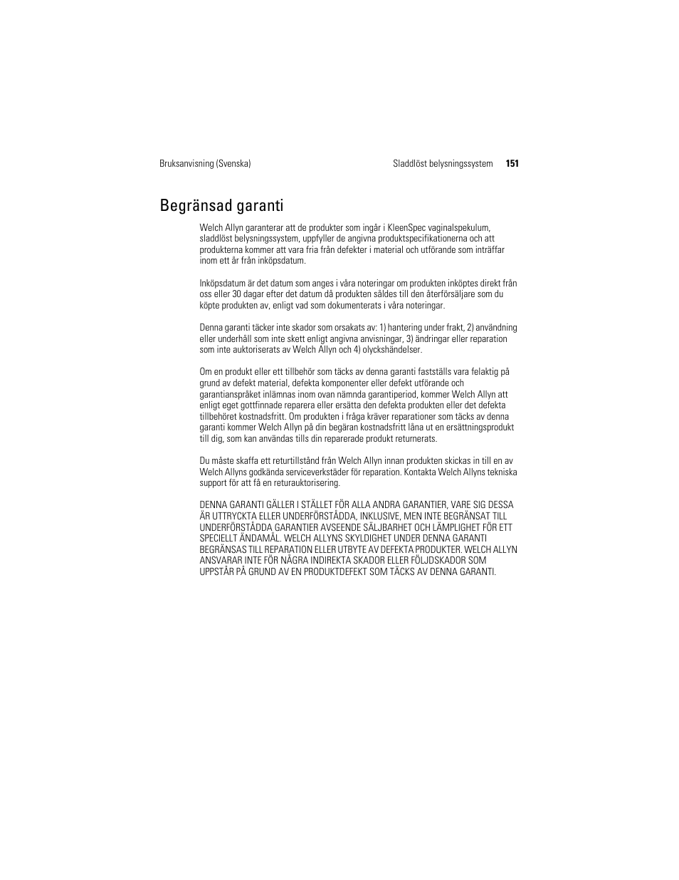 Begränsad garanti | Welch Allyn KleenSpec 790 Series Cordless Illumination System - User Manual User Manual | Page 153 / 222