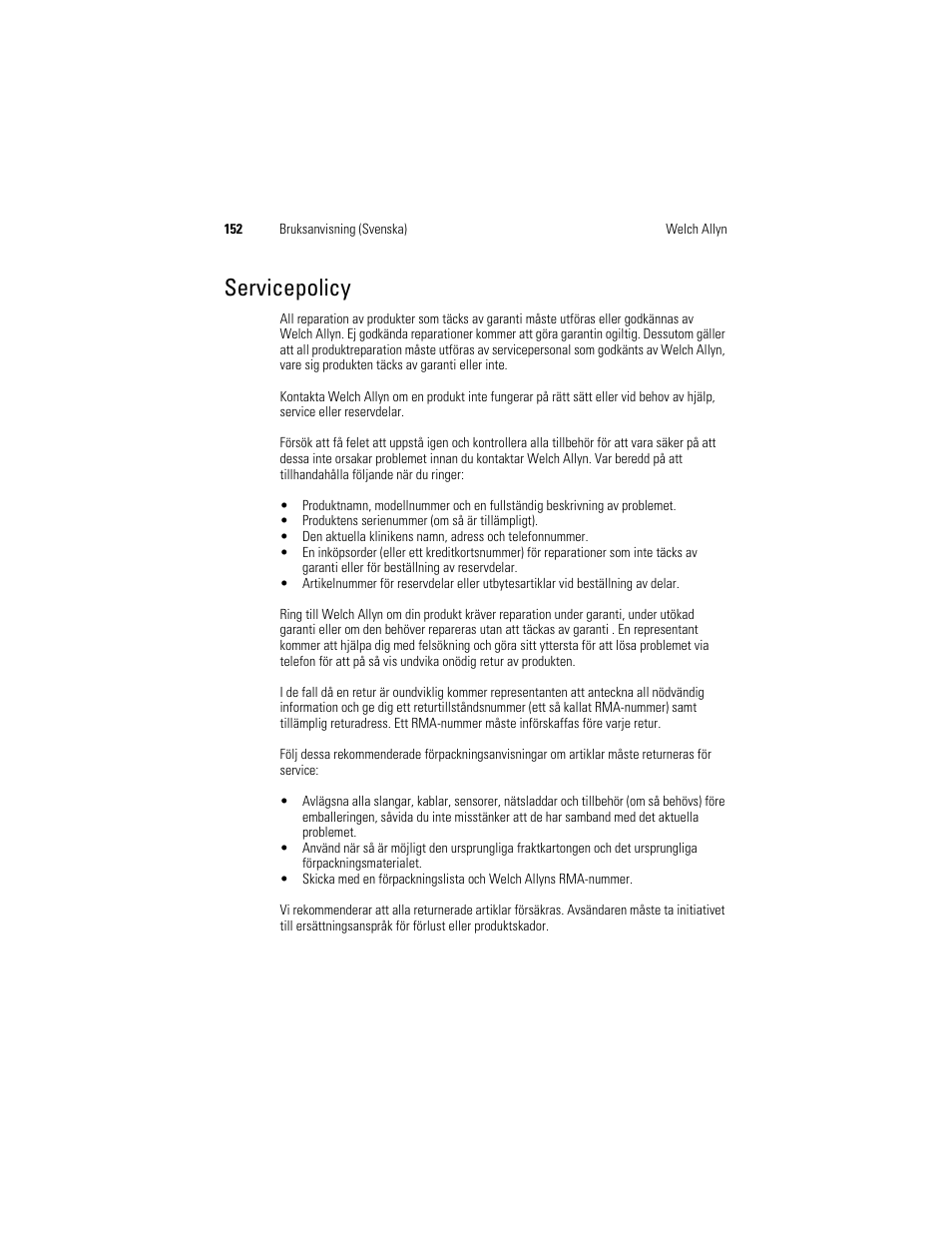 Servicepolicy | Welch Allyn KleenSpec 790 Series Cordless Illumination System - User Manual User Manual | Page 154 / 222