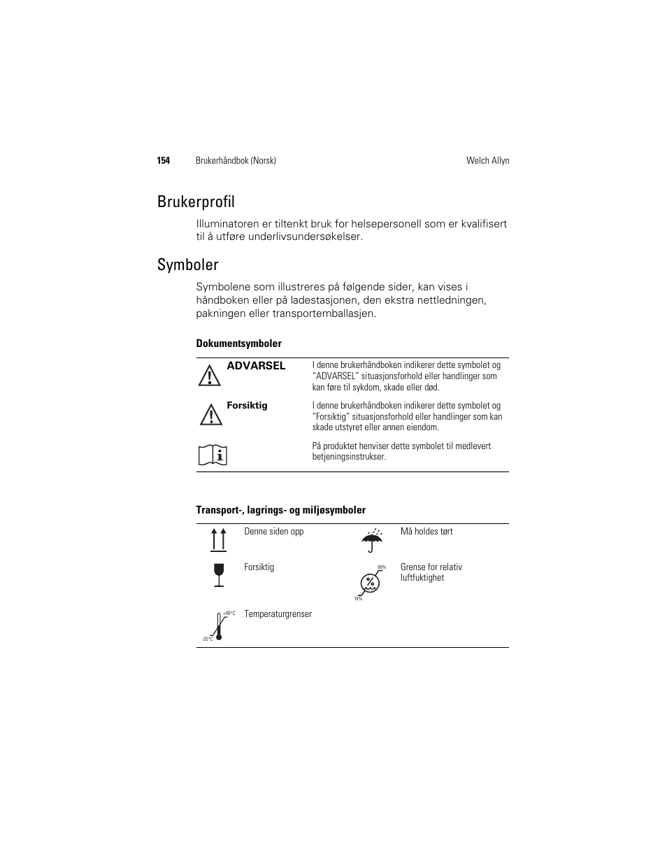 Brukerprofil, Symboler | Welch Allyn KleenSpec 790 Series Cordless Illumination System - User Manual User Manual | Page 156 / 222