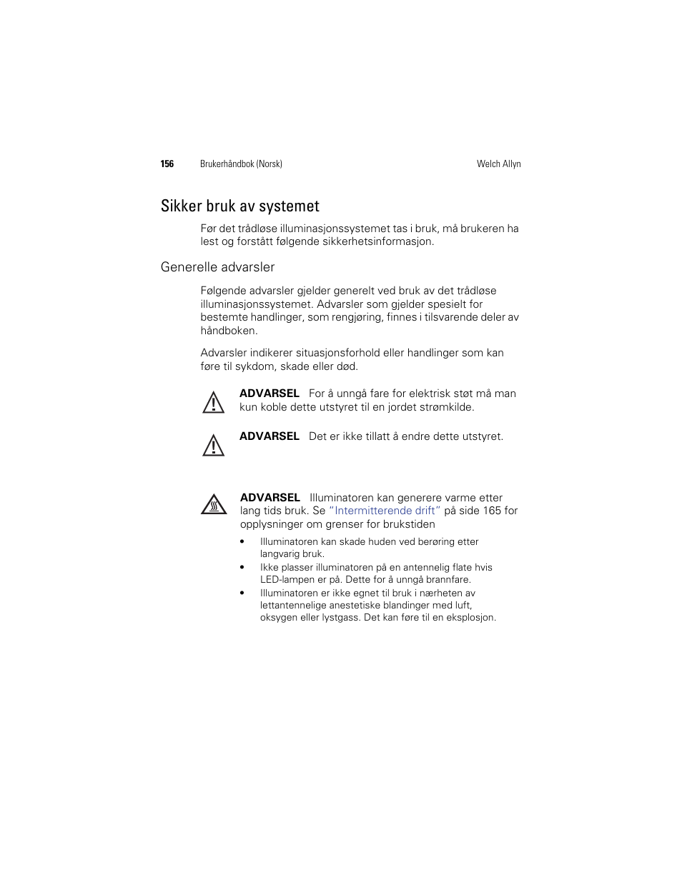 Sikker bruk av systemet | Welch Allyn KleenSpec 790 Series Cordless Illumination System - User Manual User Manual | Page 158 / 222
