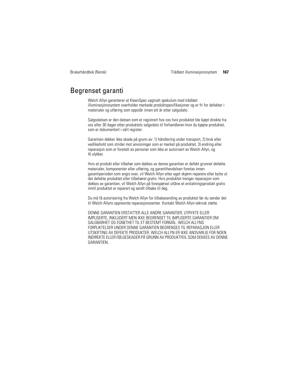 Begrenset garanti | Welch Allyn KleenSpec 790 Series Cordless Illumination System - User Manual User Manual | Page 169 / 222