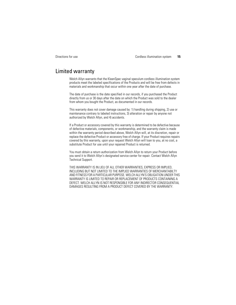Limited warranty | Welch Allyn KleenSpec 790 Series Cordless Illumination System - User Manual User Manual | Page 17 / 222