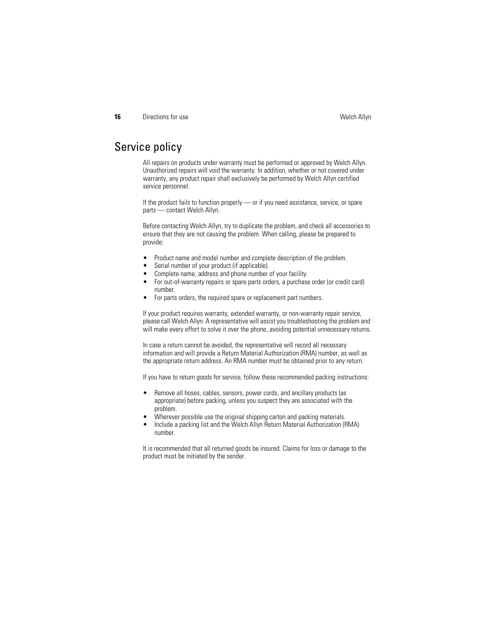 Service policy | Welch Allyn KleenSpec 790 Series Cordless Illumination System - User Manual User Manual | Page 18 / 222
