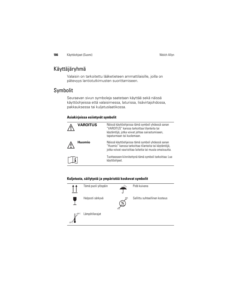 Käyttäjäryhmä, Symbolit | Welch Allyn KleenSpec 790 Series Cordless Illumination System - User Manual User Manual | Page 188 / 222