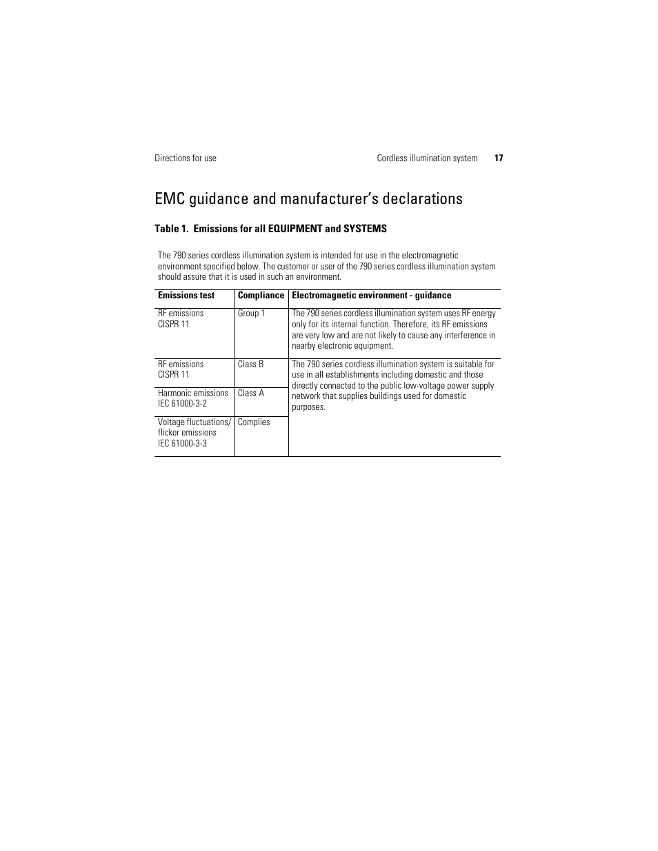 Emc guidance and manufacturer’s declarations | Welch Allyn KleenSpec 790 Series Cordless Illumination System - User Manual User Manual | Page 19 / 222