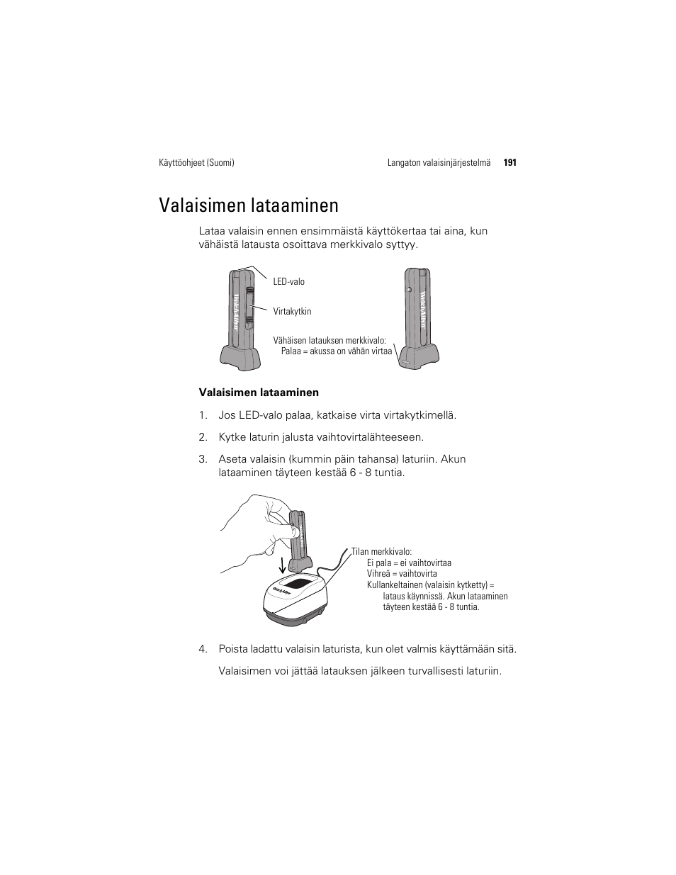 Valaisimen lataaminen | Welch Allyn KleenSpec 790 Series Cordless Illumination System - User Manual User Manual | Page 193 / 222