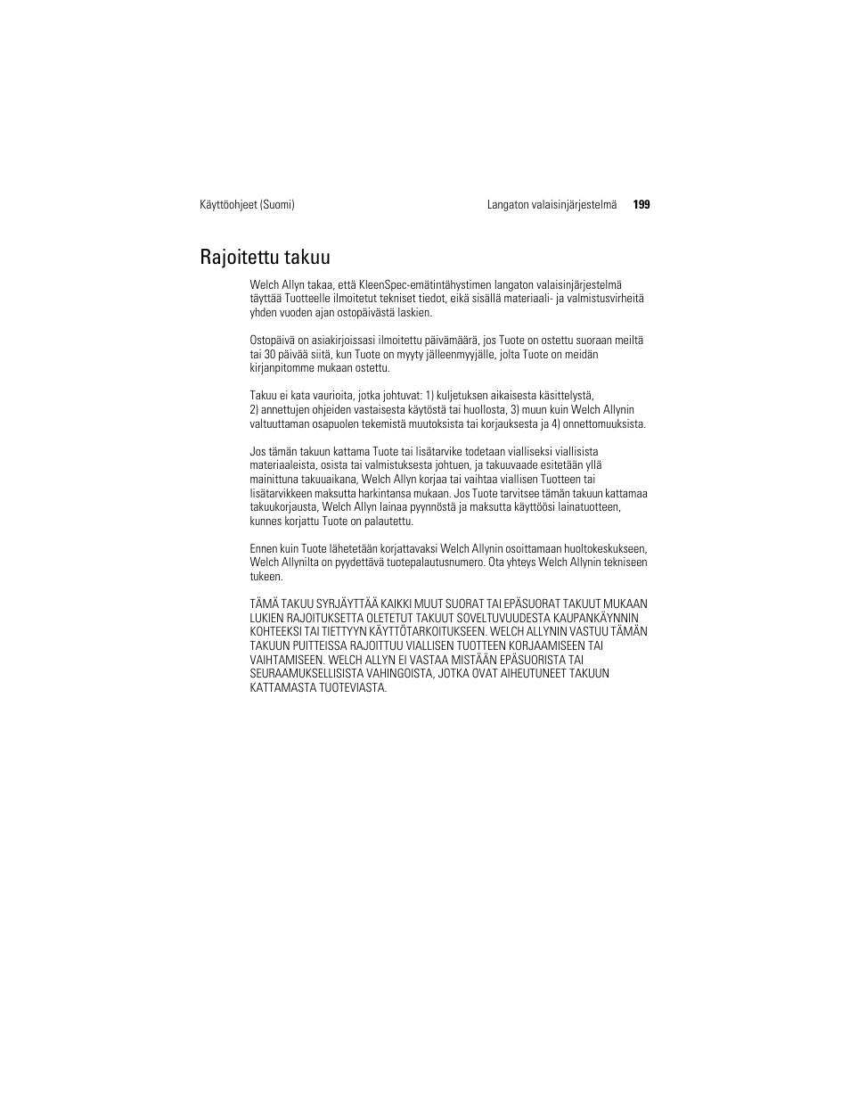 Rajoitettu takuu | Welch Allyn KleenSpec 790 Series Cordless Illumination System - User Manual User Manual | Page 201 / 222