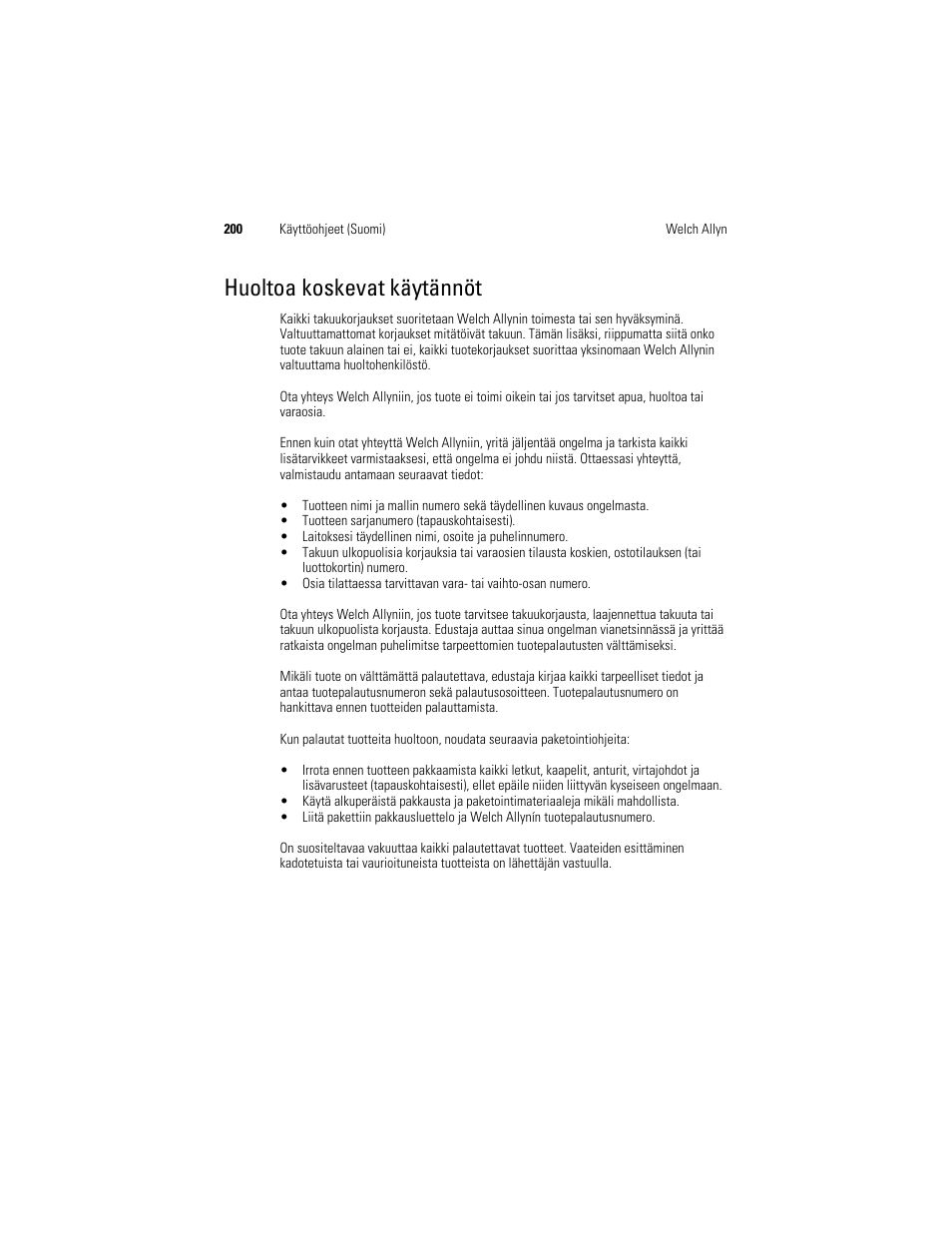 Huoltoa koskevat käytännöt | Welch Allyn KleenSpec 790 Series Cordless Illumination System - User Manual User Manual | Page 202 / 222