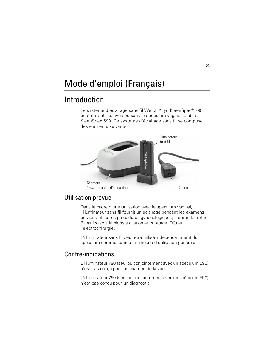 Mode d’emploi (français), Introduction, Utilisation prévue | Contre-indications | Welch Allyn KleenSpec 790 Series Cordless Illumination System - User Manual User Manual | Page 25 / 222