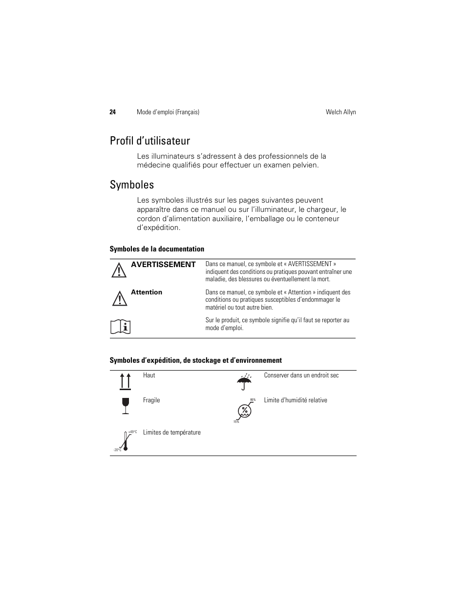 Profil d’utilisateur, Symboles | Welch Allyn KleenSpec 790 Series Cordless Illumination System - User Manual User Manual | Page 26 / 222