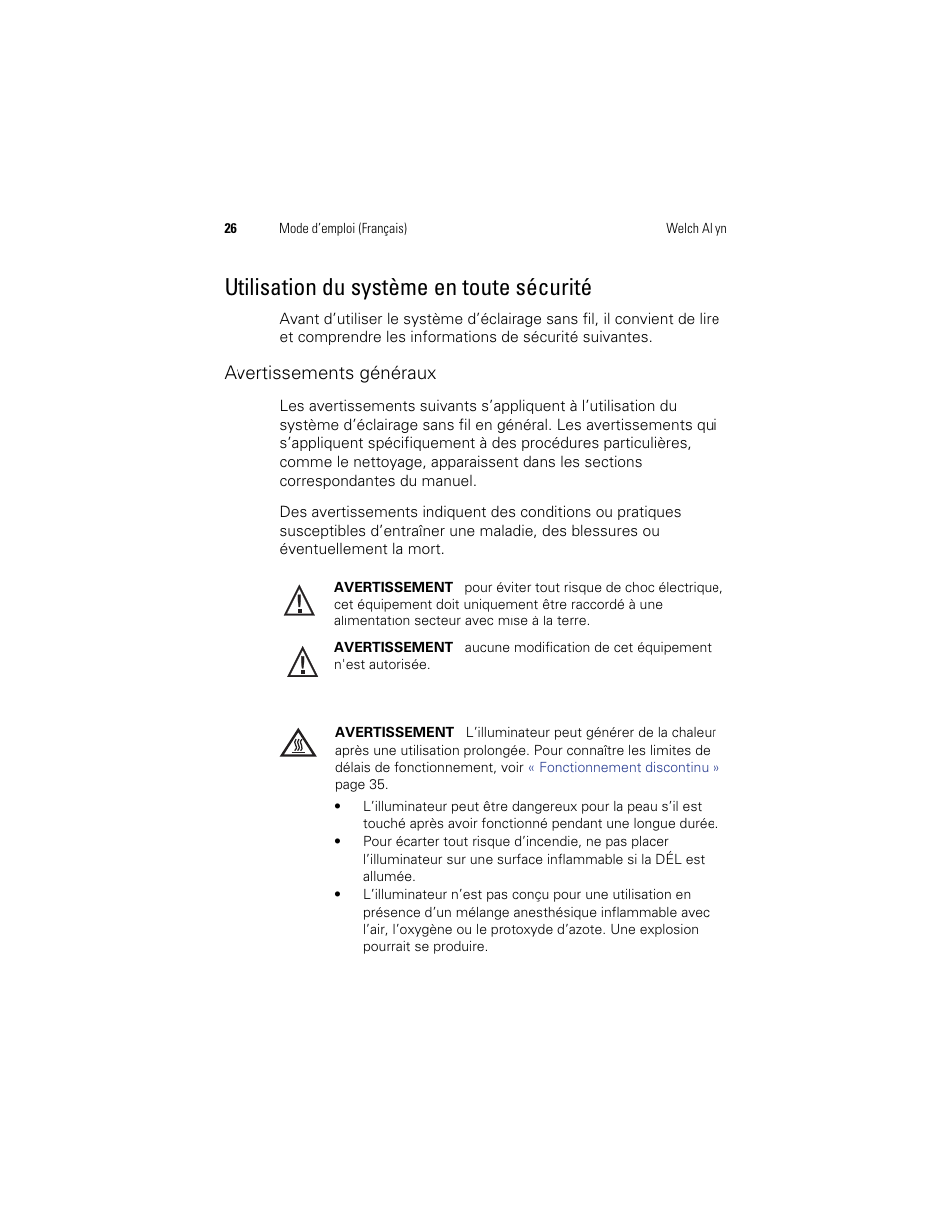 Utilisation du système en toute sécurité | Welch Allyn KleenSpec 790 Series Cordless Illumination System - User Manual User Manual | Page 28 / 222