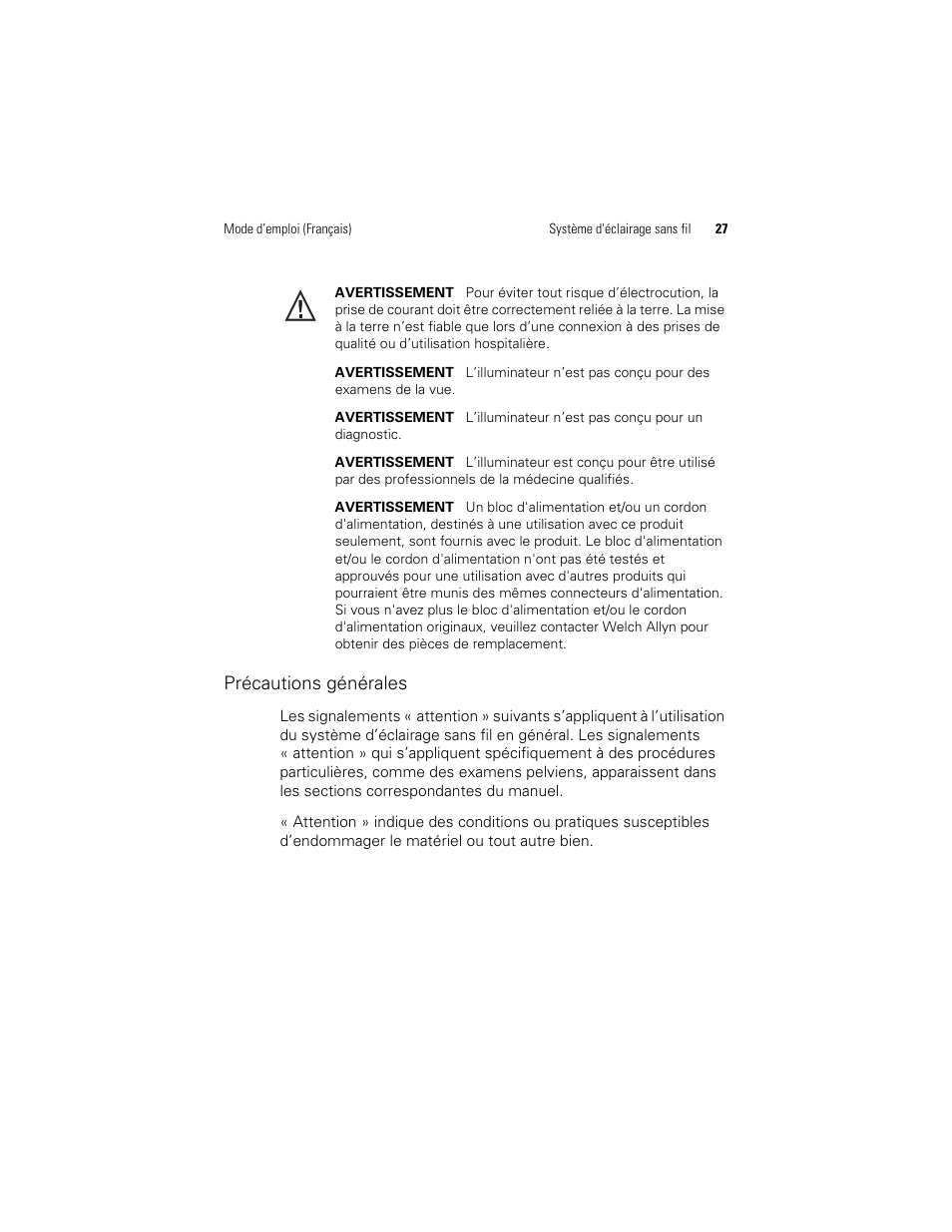 Précautions générales | Welch Allyn KleenSpec 790 Series Cordless Illumination System - User Manual User Manual | Page 29 / 222