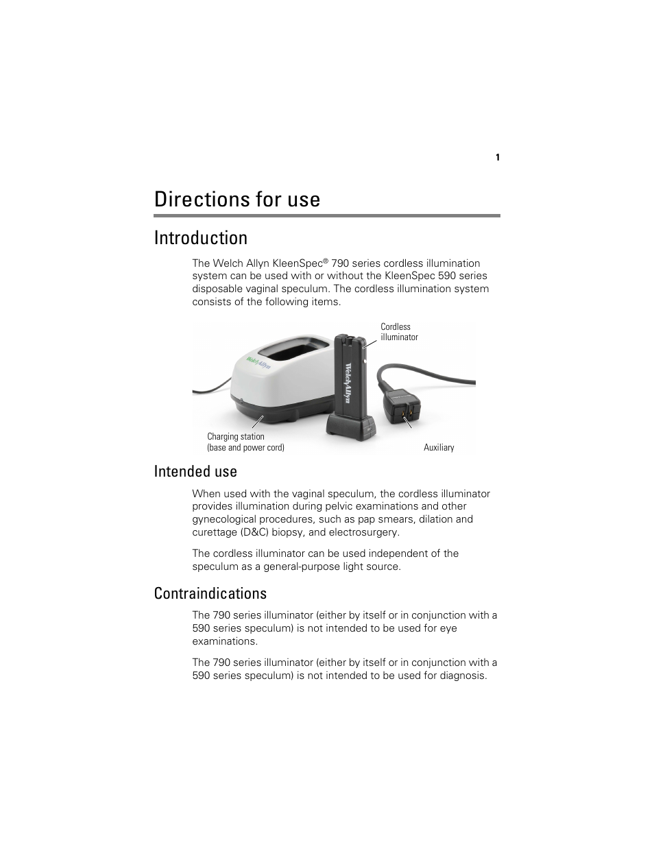 Directions for use, Introduction, Intended use | Contraindications | Welch Allyn KleenSpec 790 Series Cordless Illumination System - User Manual User Manual | Page 3 / 222