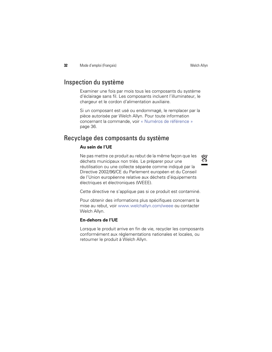 Inspection du système, Recyclage des composants du système | Welch Allyn KleenSpec 790 Series Cordless Illumination System - User Manual User Manual | Page 34 / 222