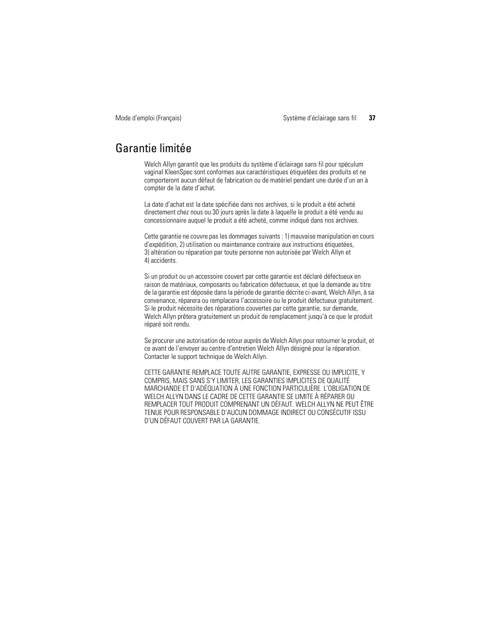 Garantie limitée | Welch Allyn KleenSpec 790 Series Cordless Illumination System - User Manual User Manual | Page 39 / 222