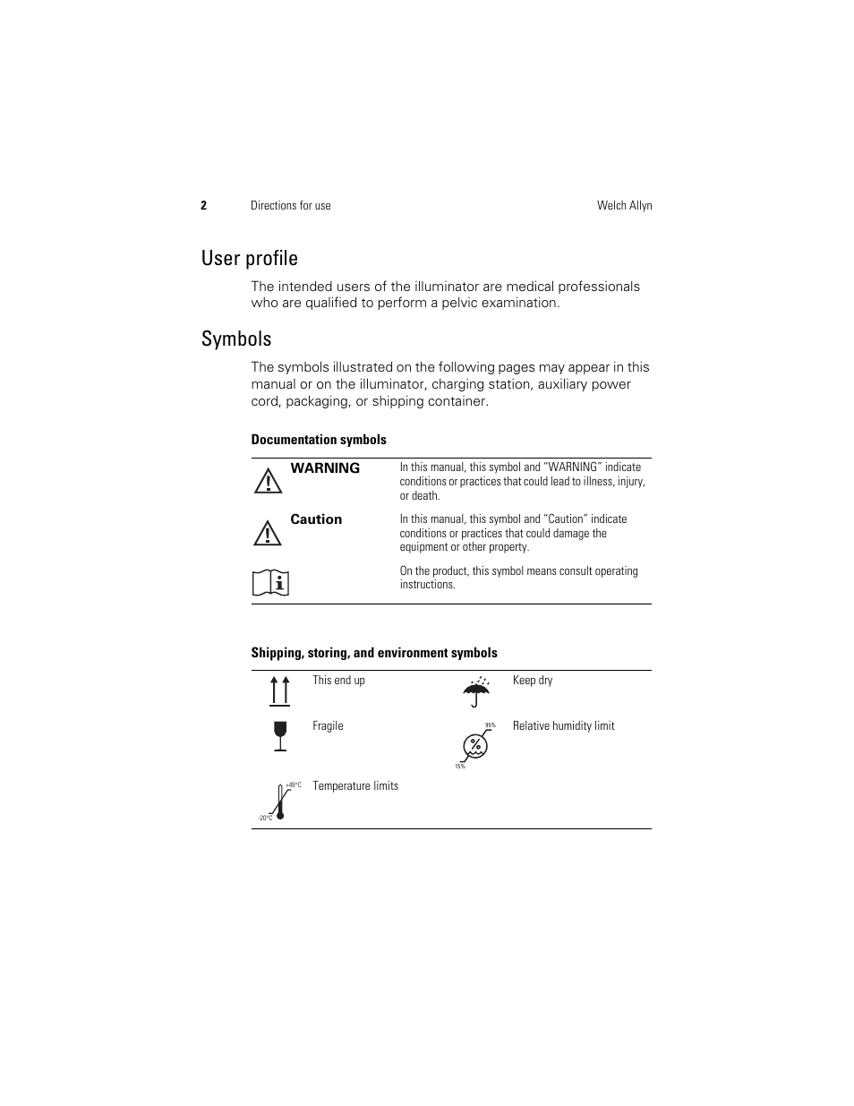 User profile, Symbols | Welch Allyn KleenSpec 790 Series Cordless Illumination System - User Manual User Manual | Page 4 / 222
