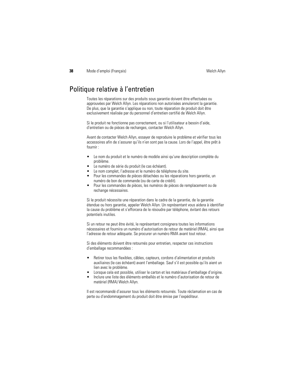 Politique relative à l’entretien | Welch Allyn KleenSpec 790 Series Cordless Illumination System - User Manual User Manual | Page 40 / 222