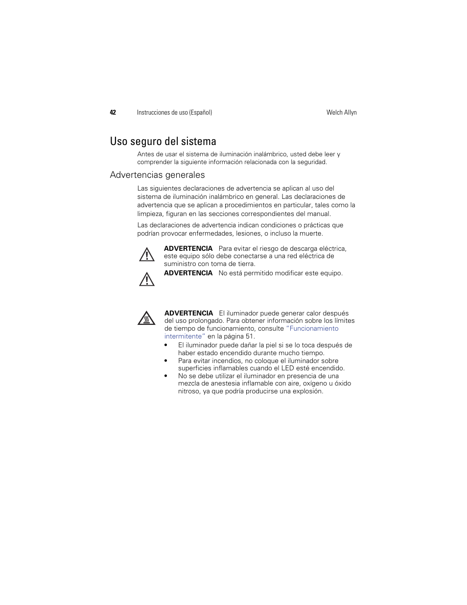Uso seguro del sistema | Welch Allyn KleenSpec 790 Series Cordless Illumination System - User Manual User Manual | Page 44 / 222